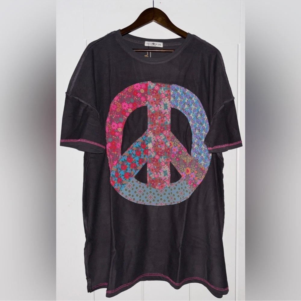 Natural Life Applique Peace Sign Knit Sweatshirt Dress Women L/XL Oversize NEW